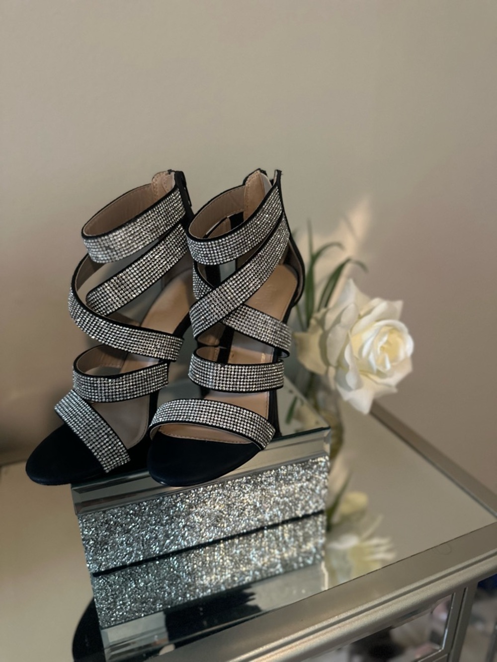 Charlotte Russe Black Strappy Rhinestone Heels